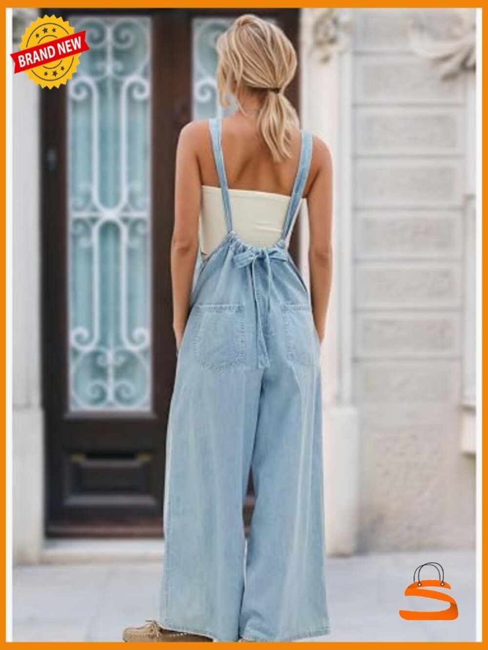 Slouchy Denim Overalls Wide Leg Jumpsuit Adjustable Tie Back Backless - Picture 6 of 7